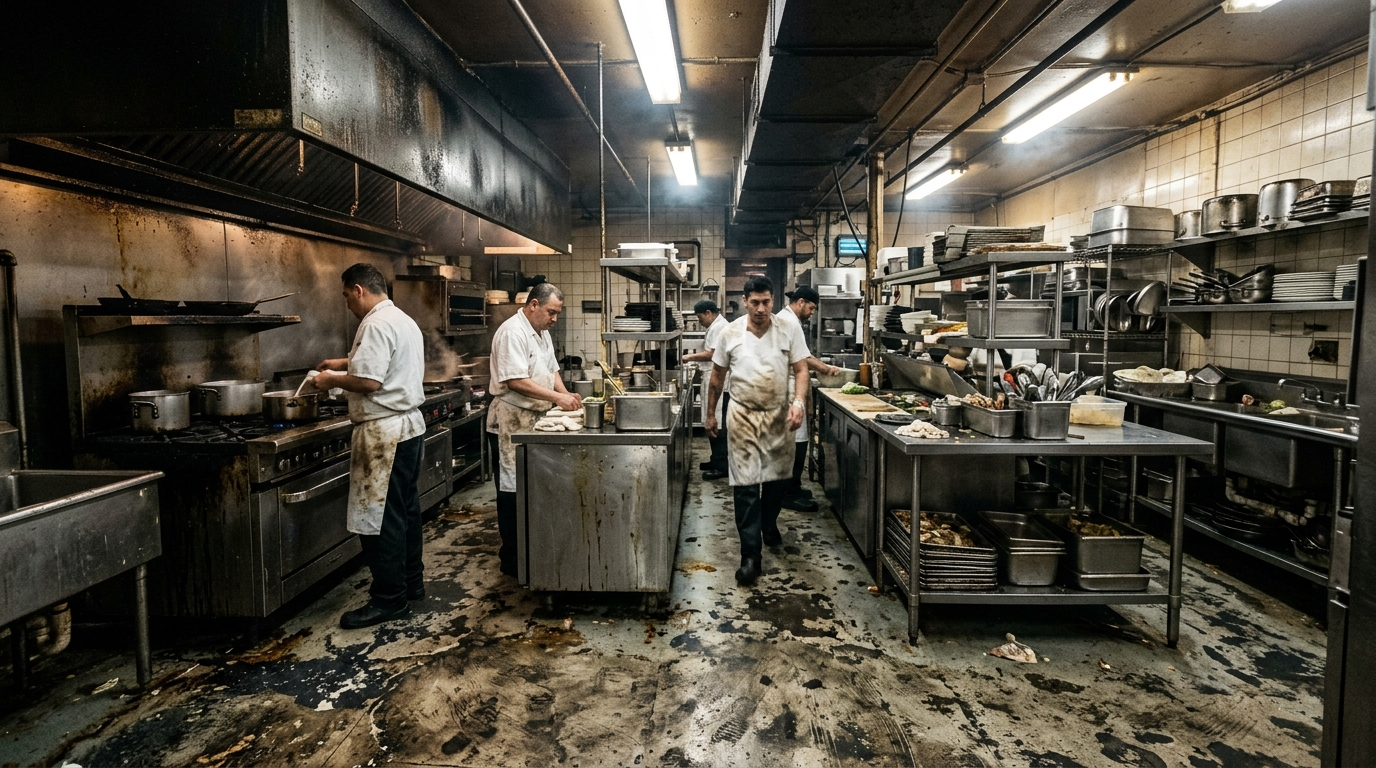 Greasy restaurant kitchen before cleaning