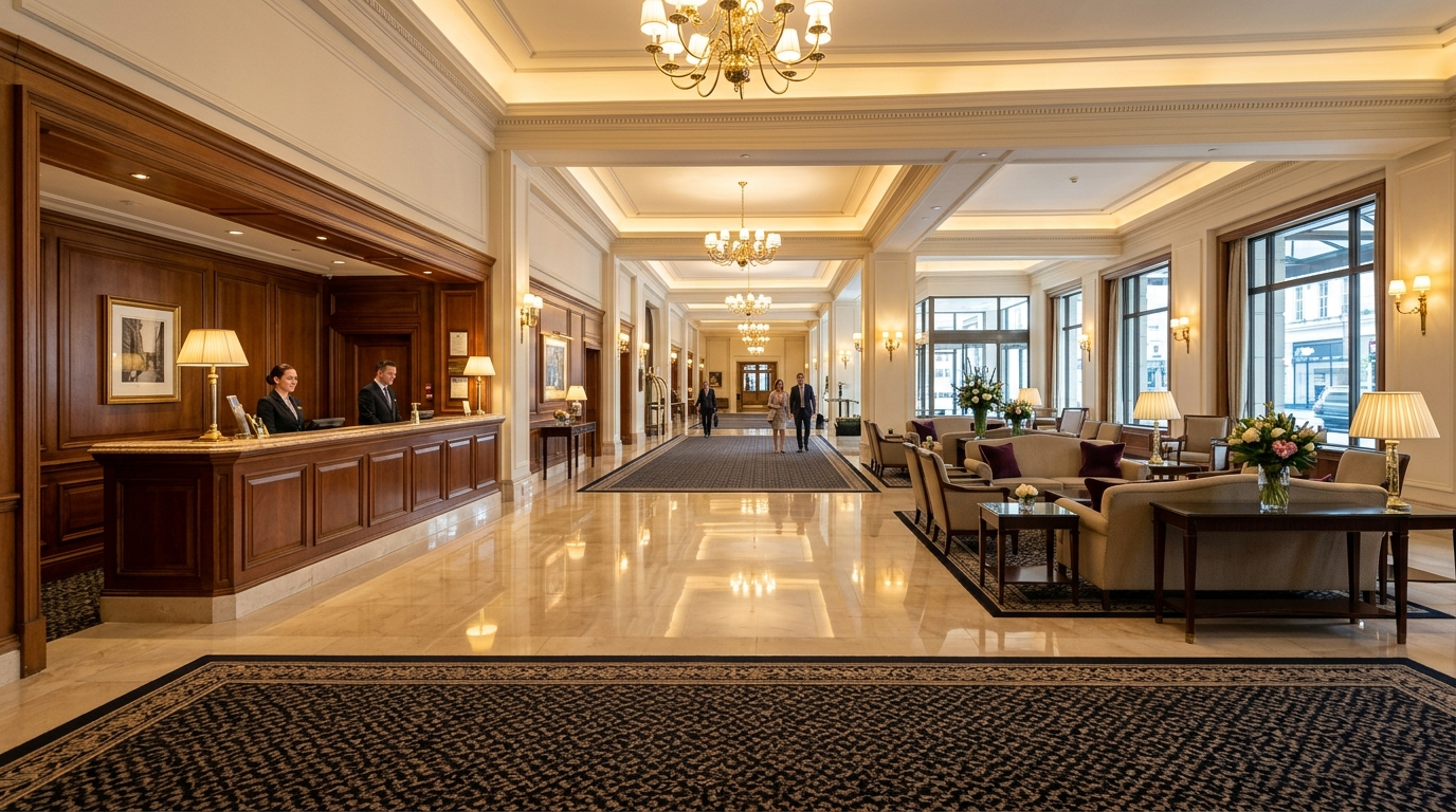 Polished hotel lobby after deep cleaning