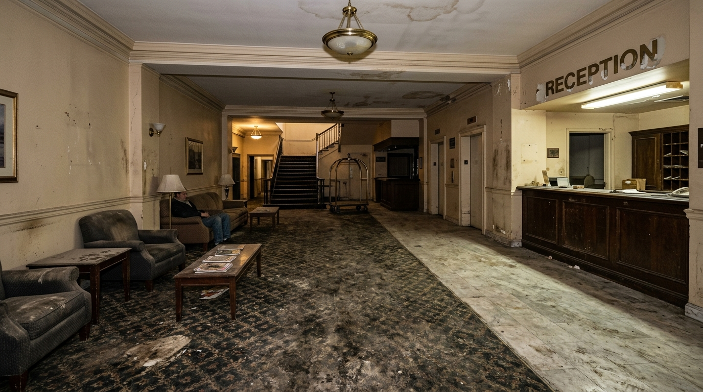 Dull hotel lobby before cleaning